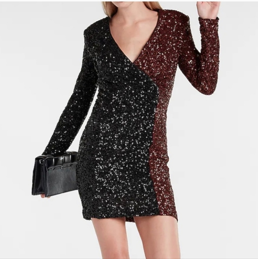 Express Sequin V-Neck Dress Stretch Black and Burgundy S